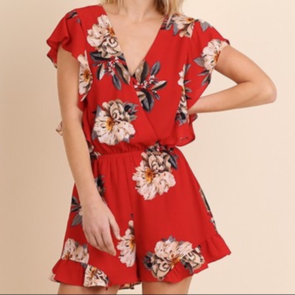 LAST ONE!! Red Floral Romper flounce Ruffle Trim - Picture 4 of 5