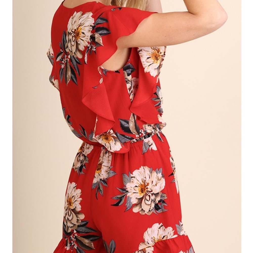 LAST ONE!! Red Floral Romper flounce Ruffle Trim - Picture 2 of 5
