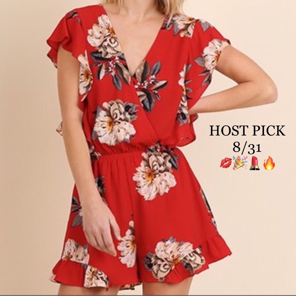 LAST ONE!! Red Floral Romper flounce Ruffle Trim - Picture 5 of 5