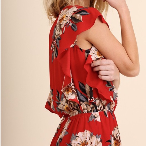 LAST ONE!! Red Floral Romper flounce Ruffle Trim - Picture 3 of 5