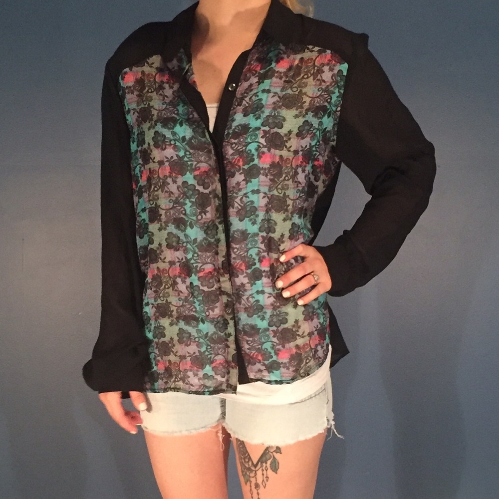 Black printed button down