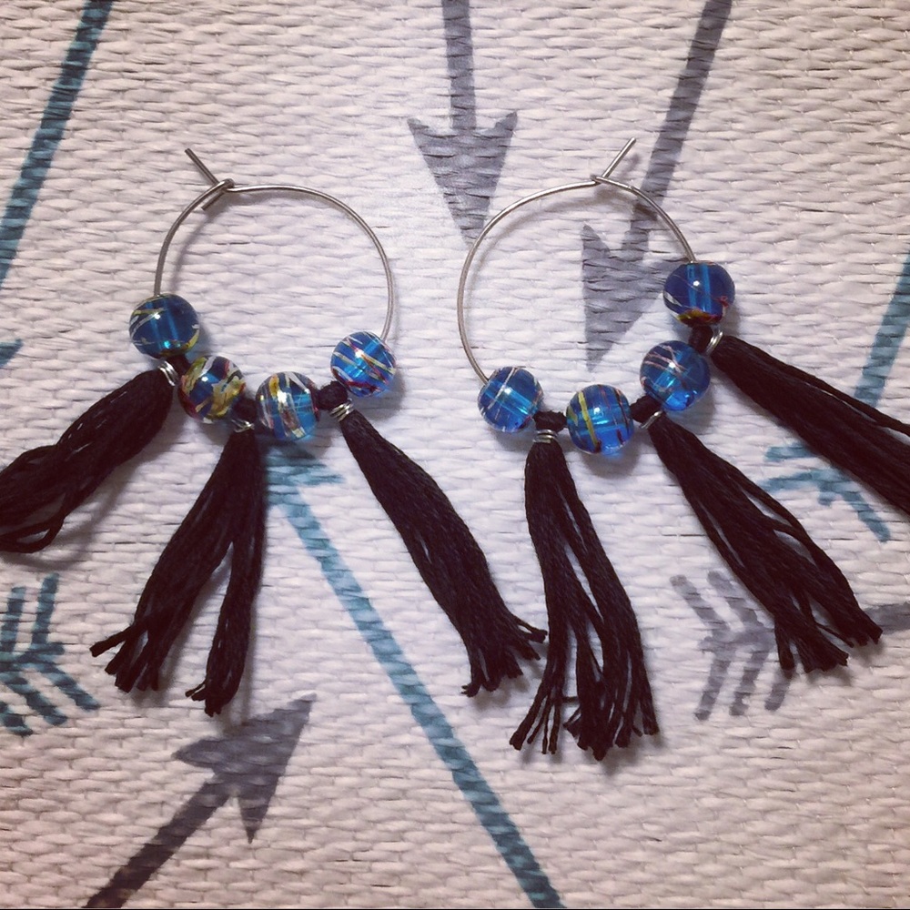 Handcrafted Hoops and blue swirl Tassels