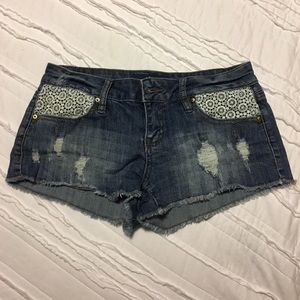 YMI Frayed Hem Denim Shorts with Pocket Embroidery