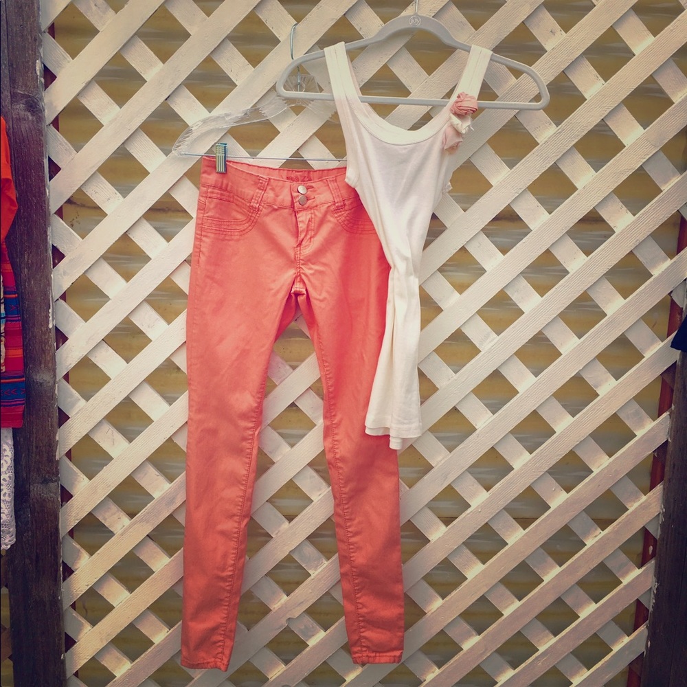 Stretch apricot colored pants.