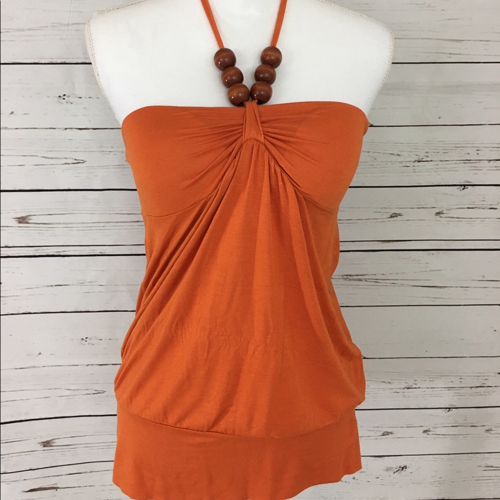 Orange Tube Top with Tie String and Wood Beads