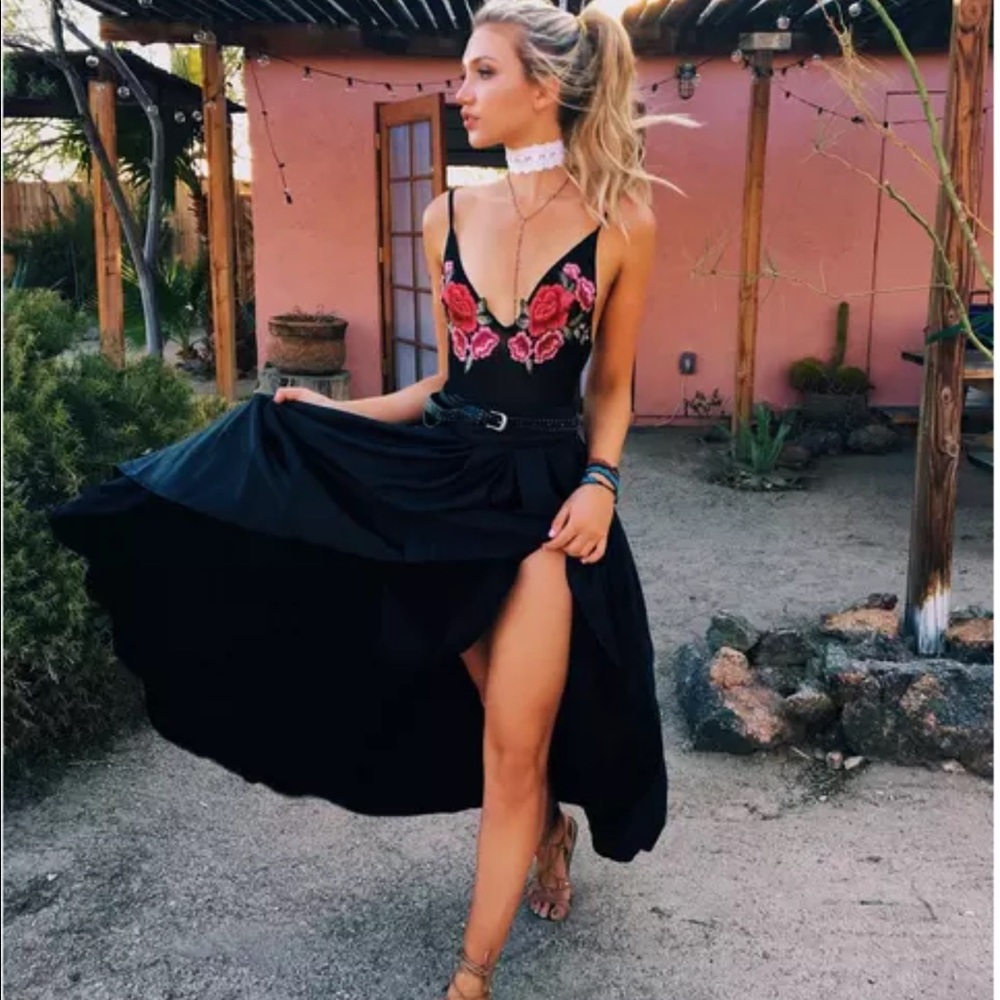 SOLD Black Mesh Bodysuit with Embroidered Roses