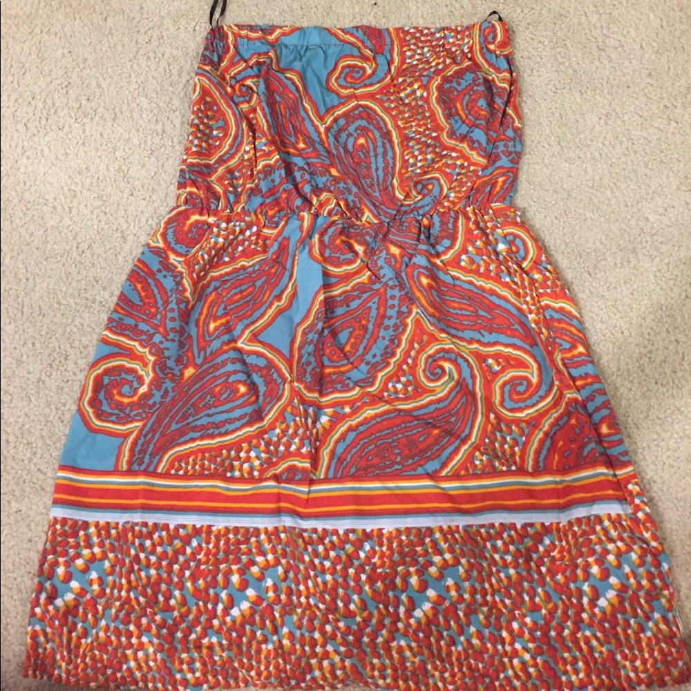 Orange and blue strapless dress with cut out back