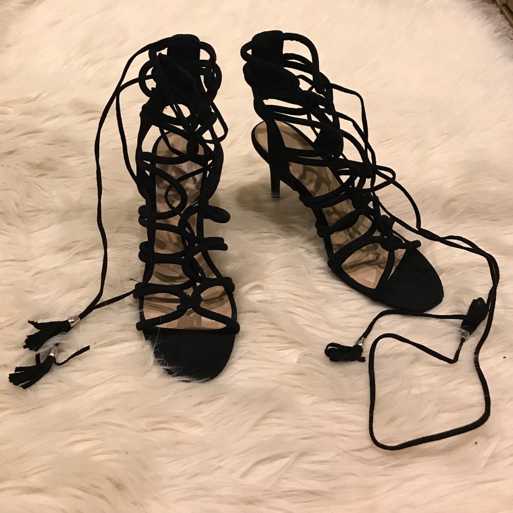 Wild Diva Lounge Black Lace Up Heels