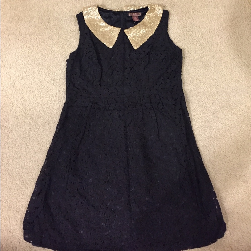 Black lace dress with gold sequined collar