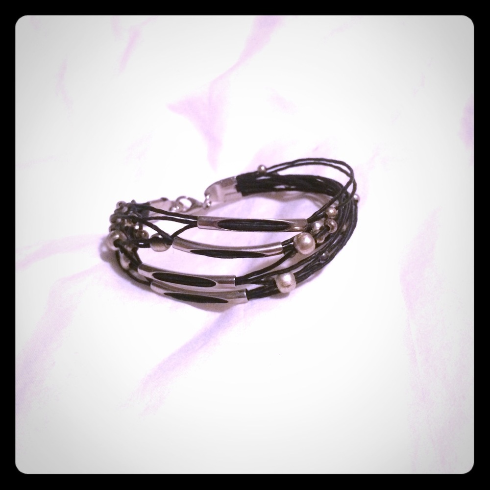 Strappy "Leather" and Metal Bead Bracelet