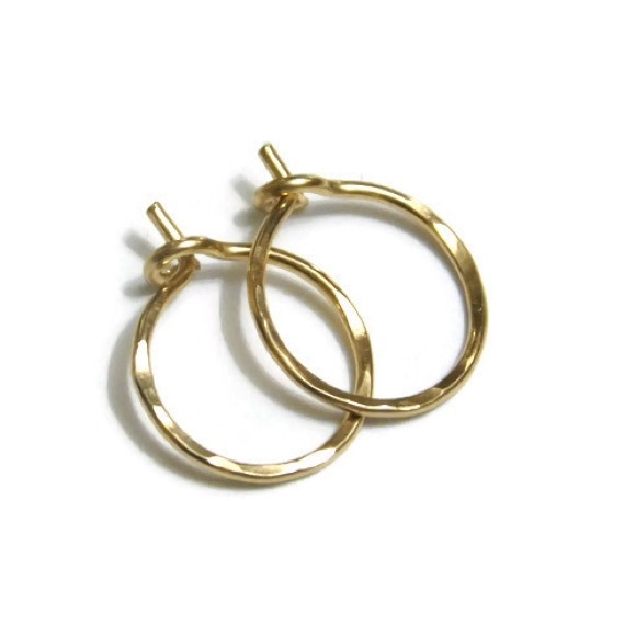 14K SOLID Yellow or Rose Gold Tiny Textured Hammered Lightweight Hoop Earrings - Picture 2 of 6