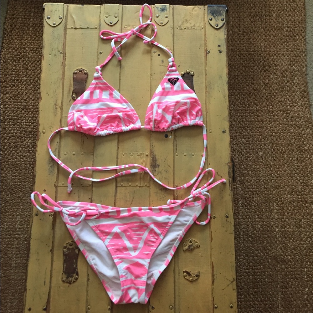 Roxy Surf Swim Boho Pattern String Bikini Set L M - image 4