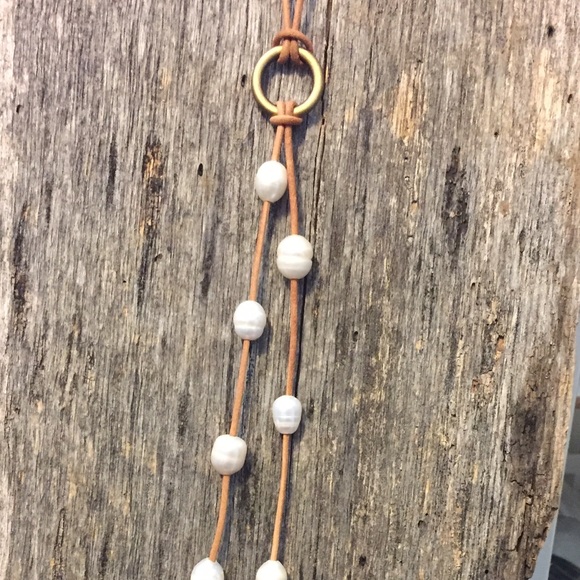 Jewelry - Handcrafted long camel leather & pearl necklace