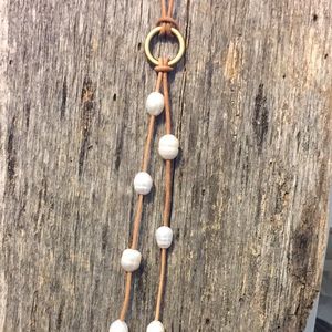 Handcrafted long camel leather & pearl necklace