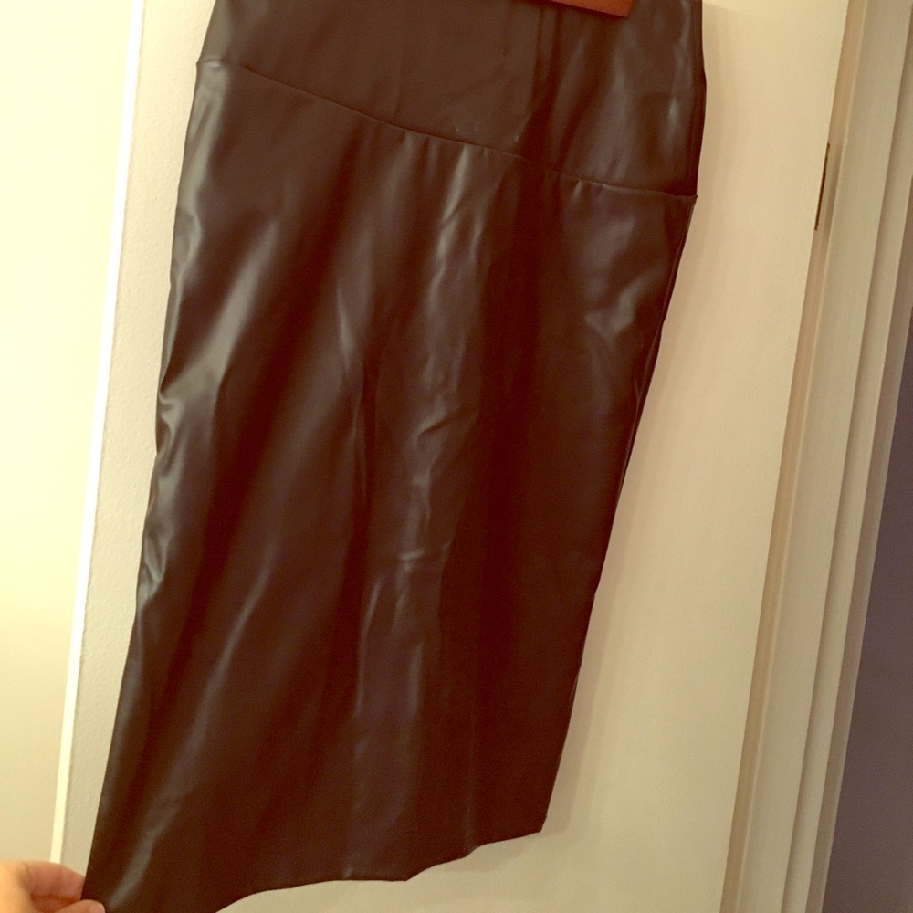 Black knee length faux leather pencil skirt
