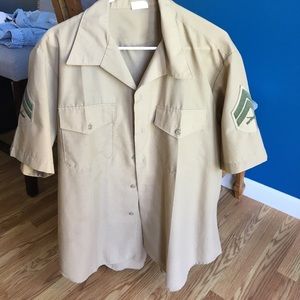 Green button down with army print patch on sleeves