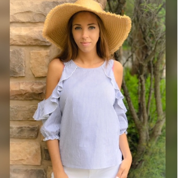 Striped Cold Shoulder Ruffle Top - Picture 2 of 5