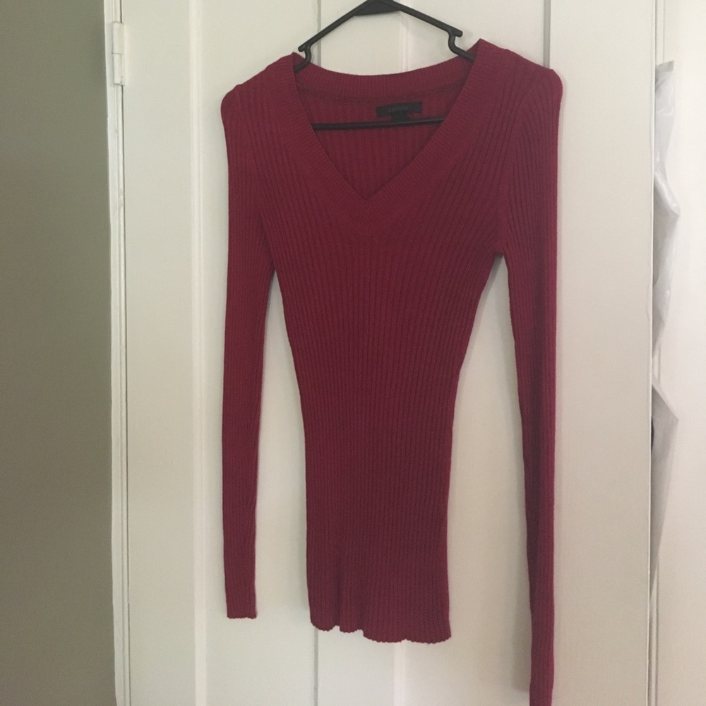 Red V-neck Ribbed Sweater