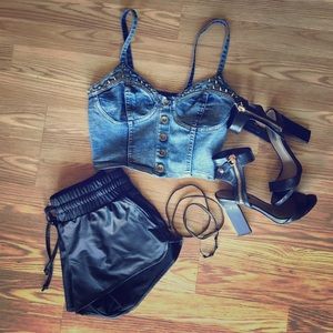 Denim crop top with gold studs