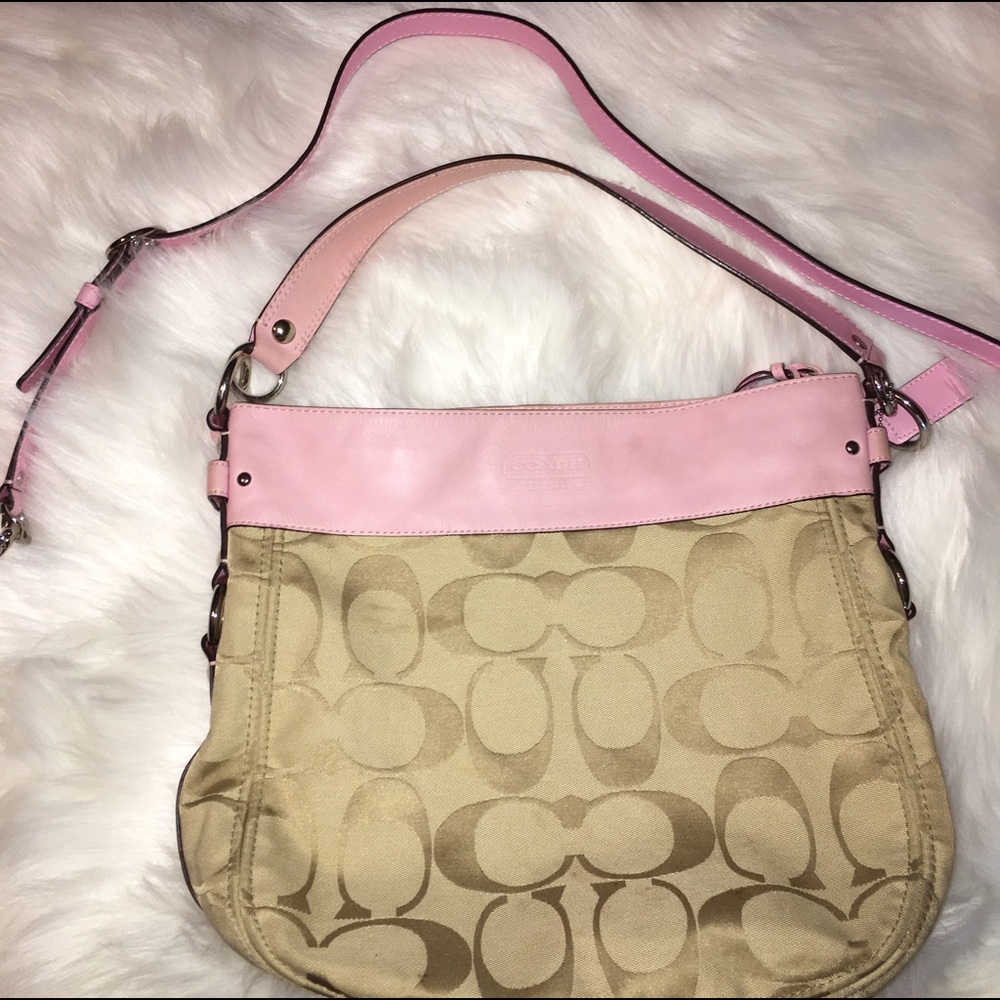 Pink/tan Coach canvas and leather purse