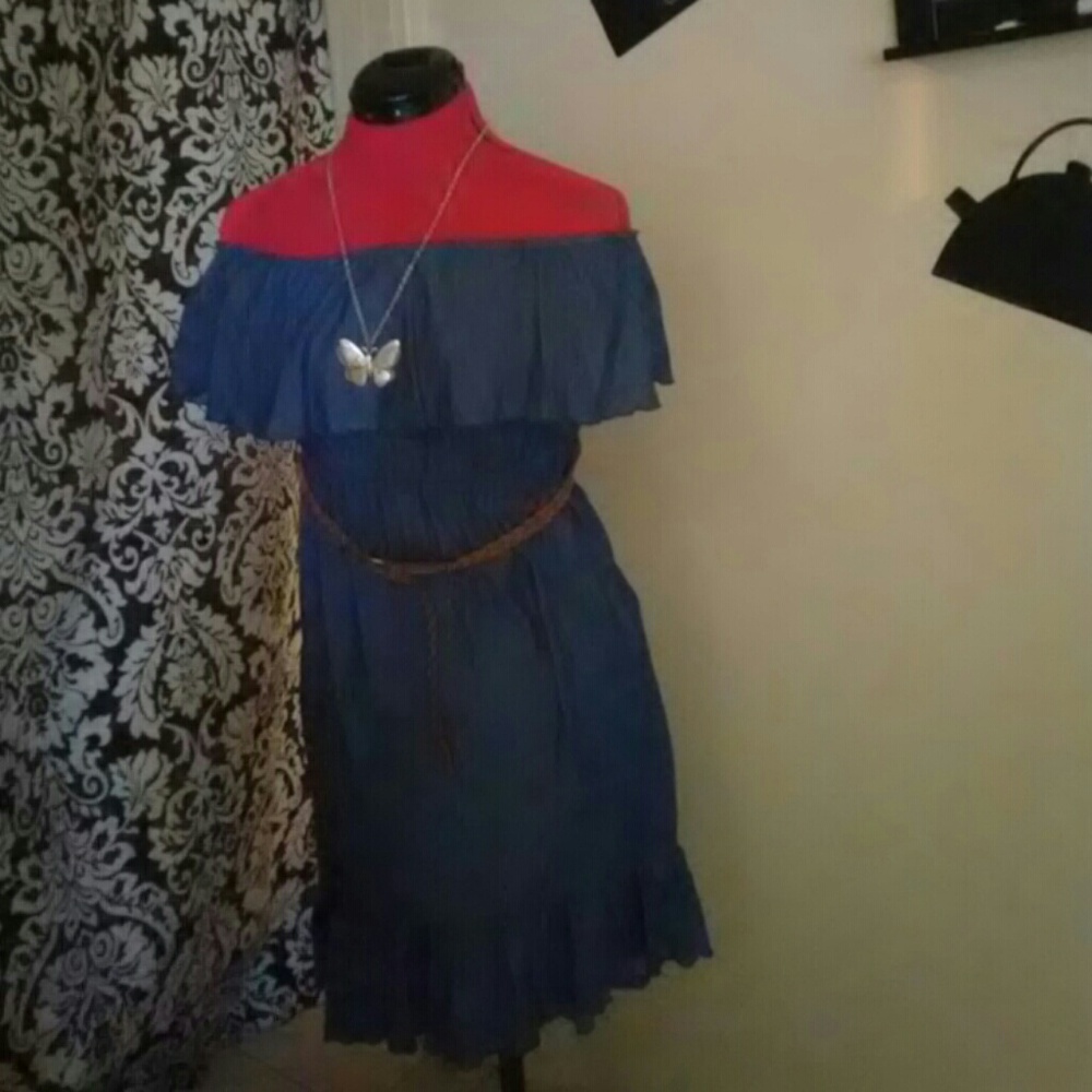 Off the shoulder belted denim dress
