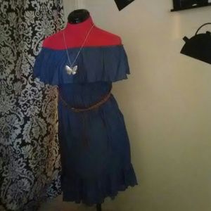 Off the shoulder belted denim dress