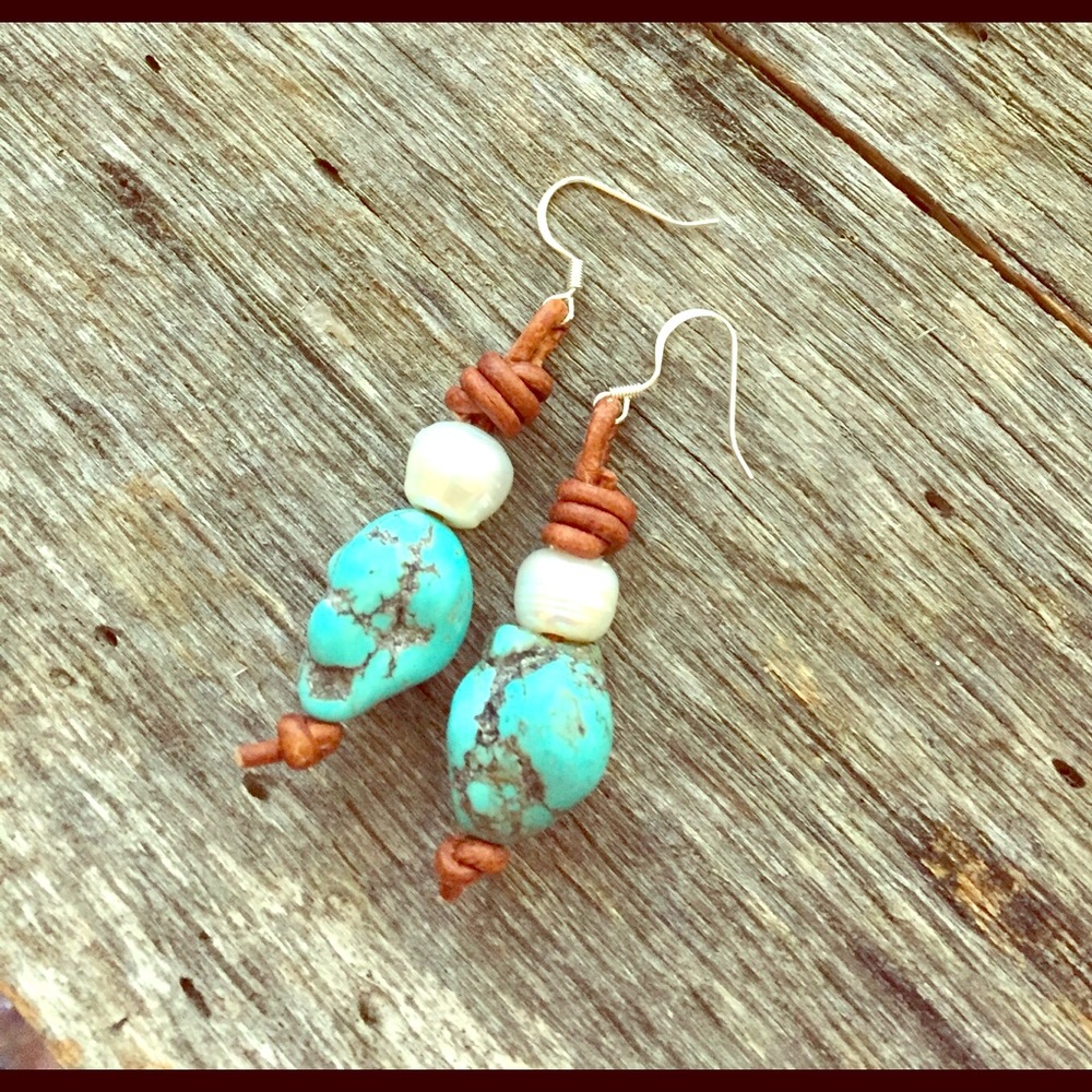 Leather, pearl & turquoise earrings