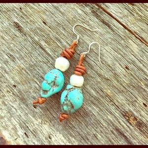 Leather, pearl & turquoise earrings
