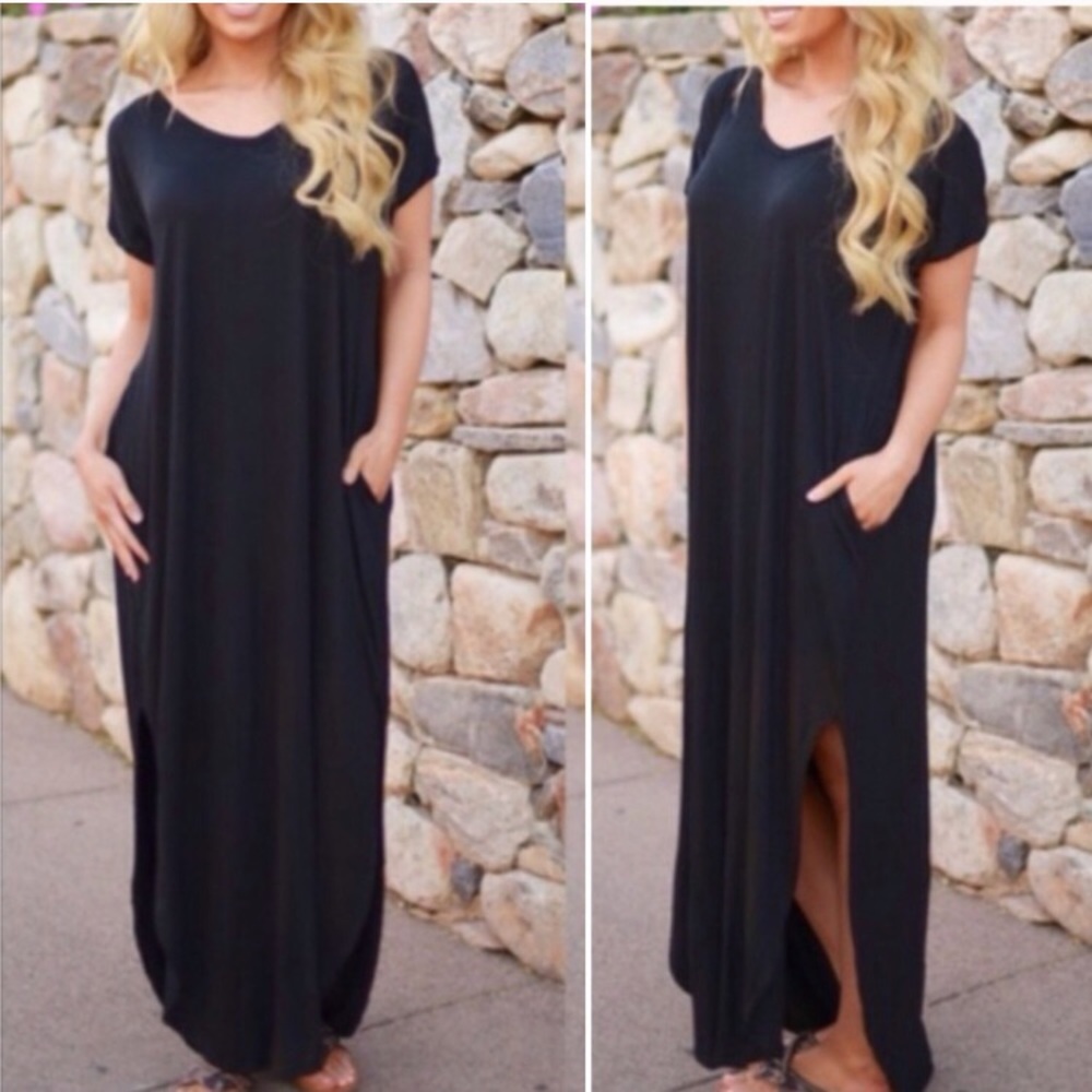 🌈RESTOCK🌈 Black Oversized Maxi Side Slit Dress - Picture 3 of 5