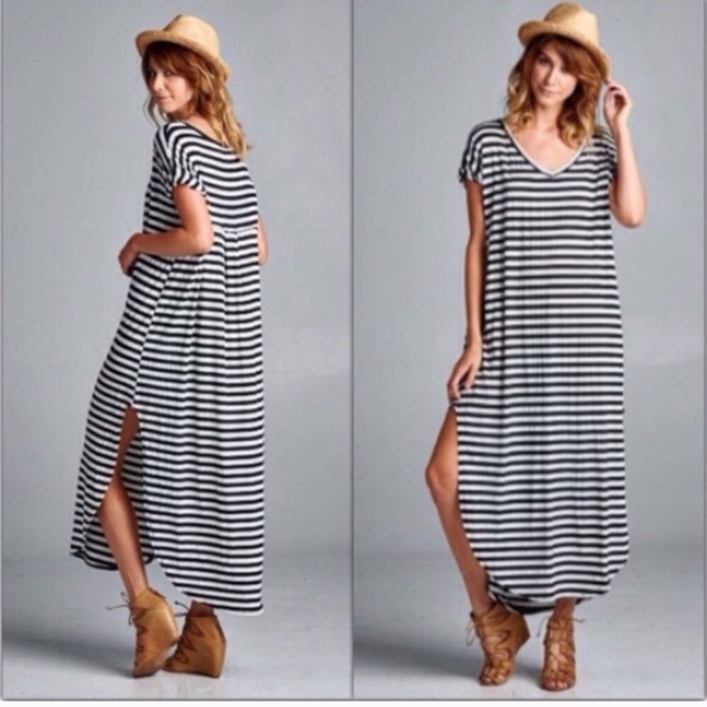 🌸LAST-M🌸 Navy Striped Pocket Slit Maxi Dress - Picture 4 of 7