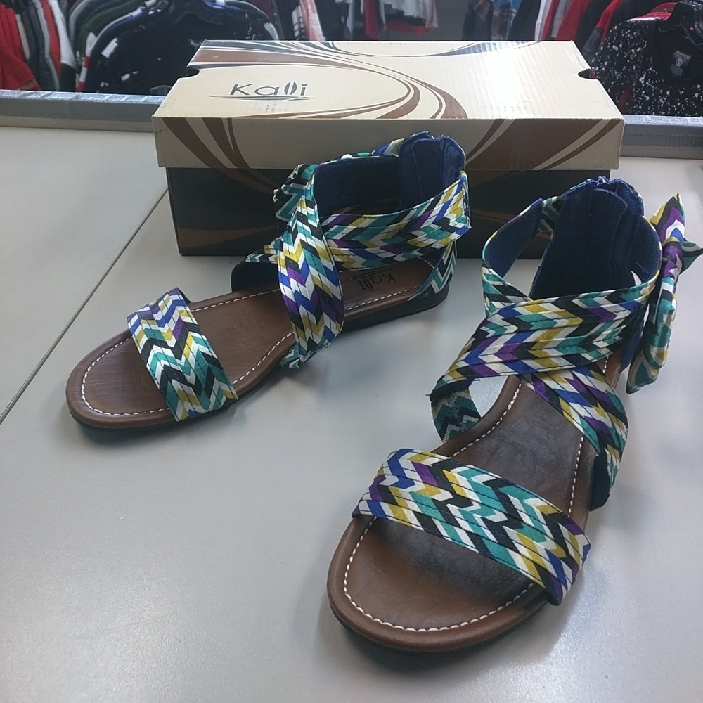 Open toed flat sandals chevron - KALI SUNNY (BLUE)