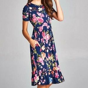 Dresses | Navy Floral Midi Dress With Pockets | Poshmark