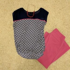 Geometric design top. Navy, white, pink.