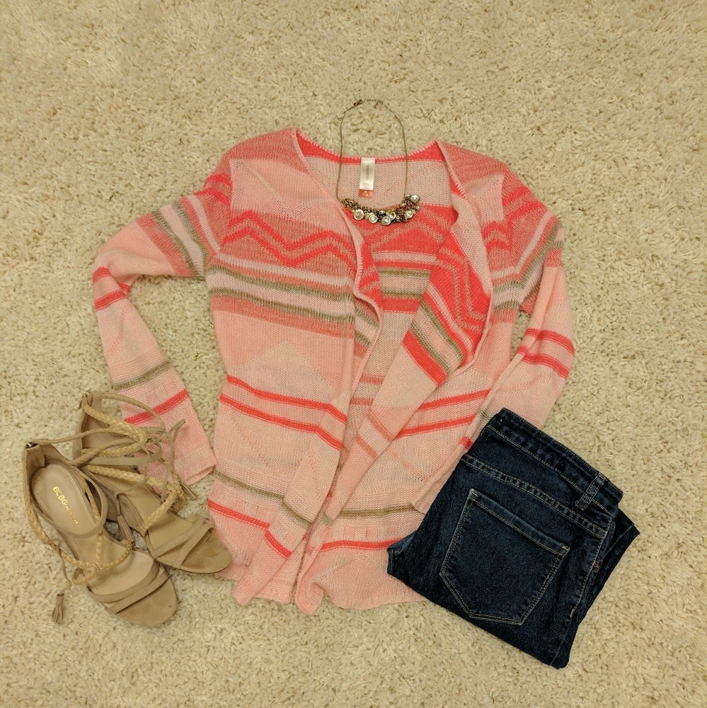 Peach, pink, tan geometric cardigan.