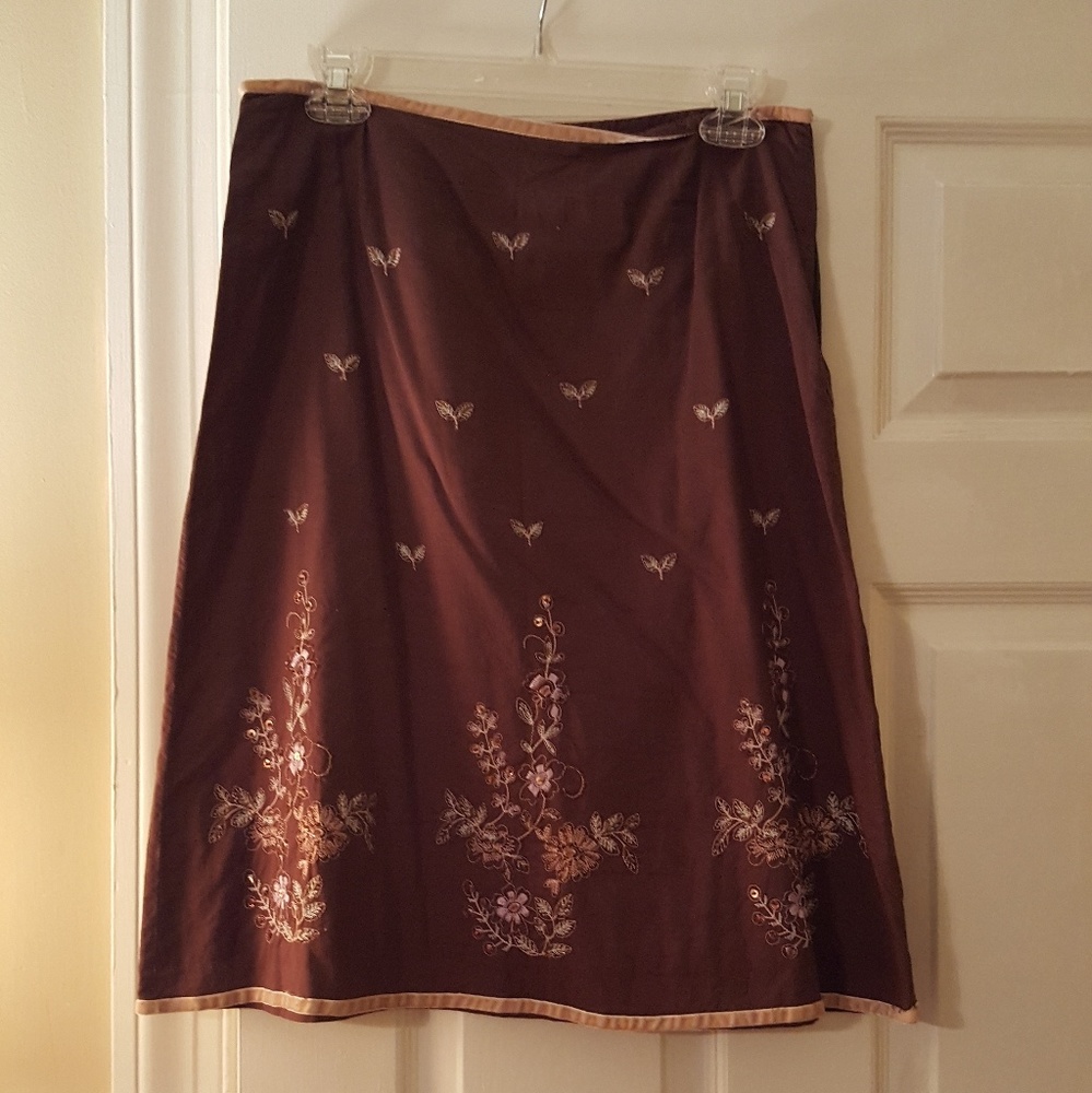 Brown embroidered a-line skirt