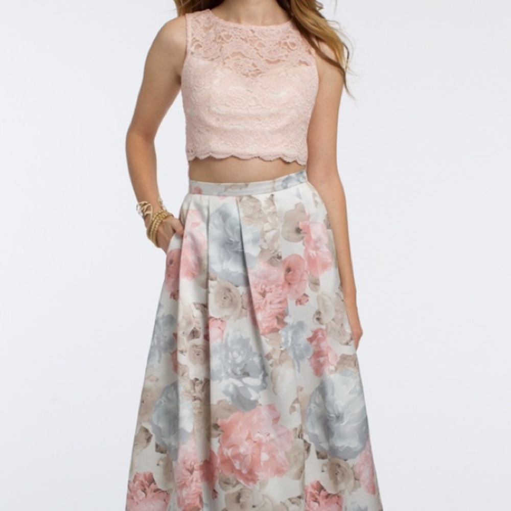 Pink floral two piece prom dress