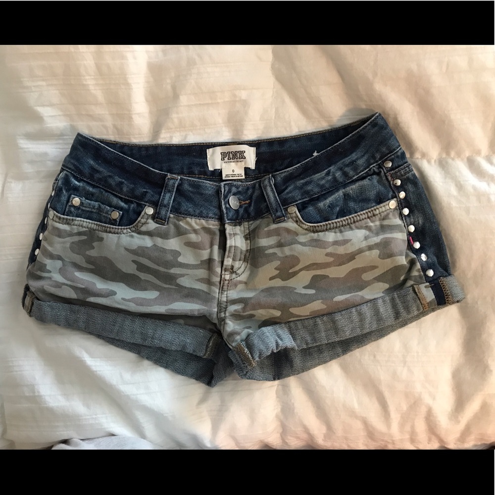 PINK camo jean shorts
