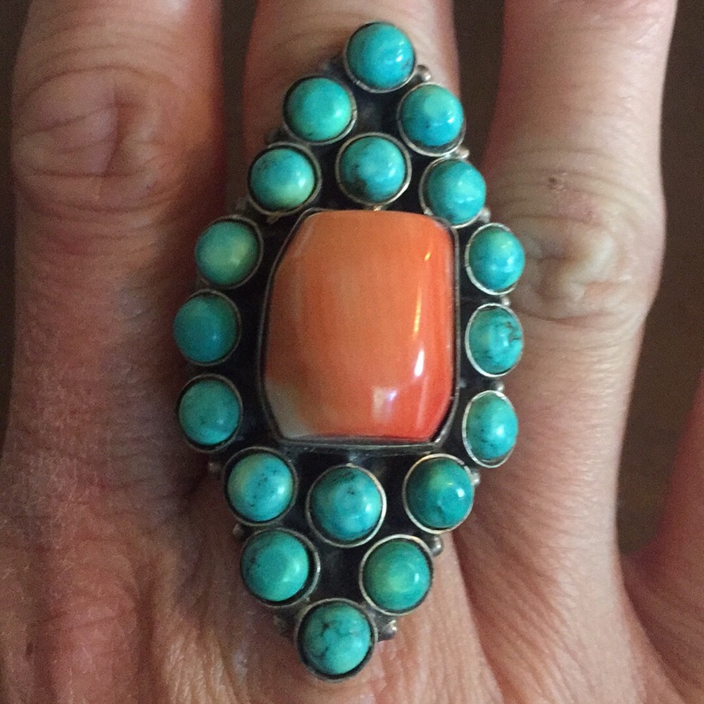 Turquoise and coral ring sz 7