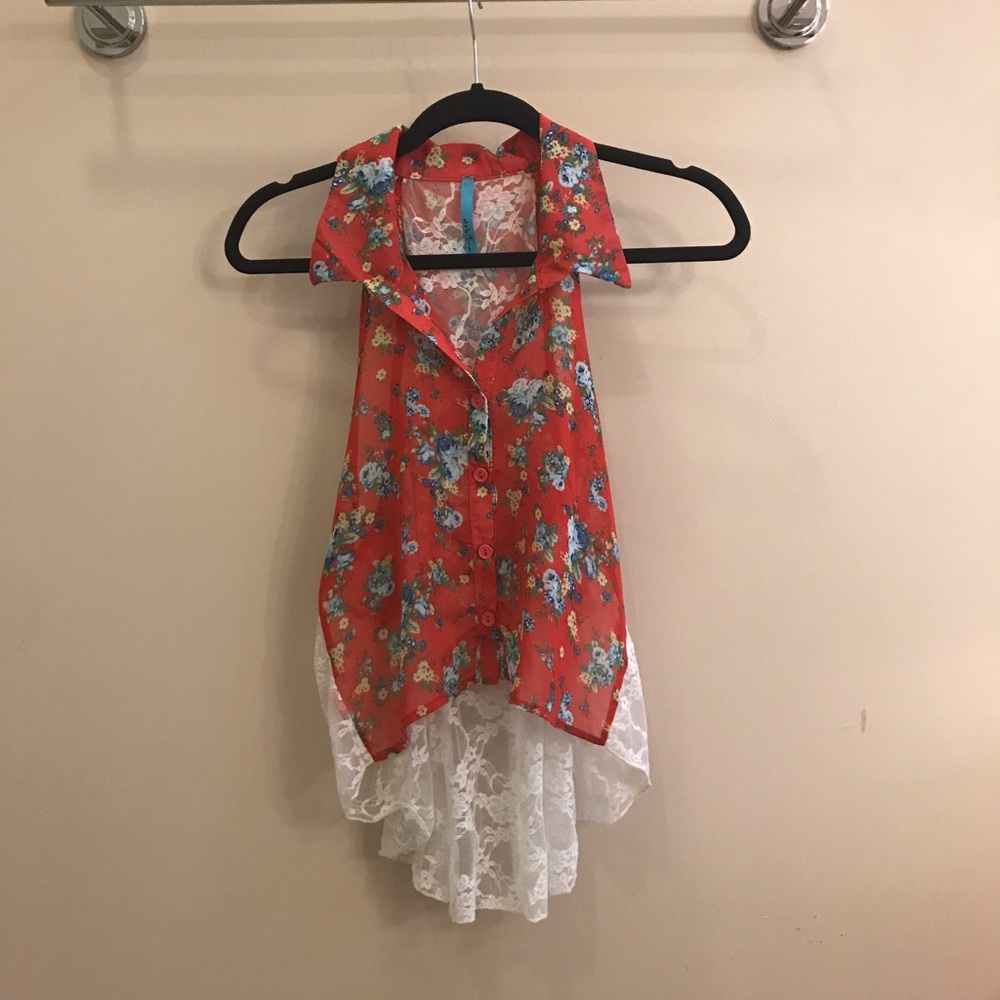 Red floral tank top with lace bottom