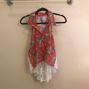 Red floral tank top with lace bottom