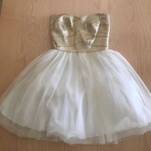 Gold and White Tulle Strapless Party Dress