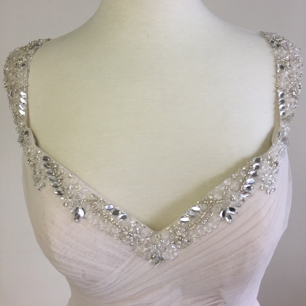 Casablanca sweetheart neckline, beaded strap gown