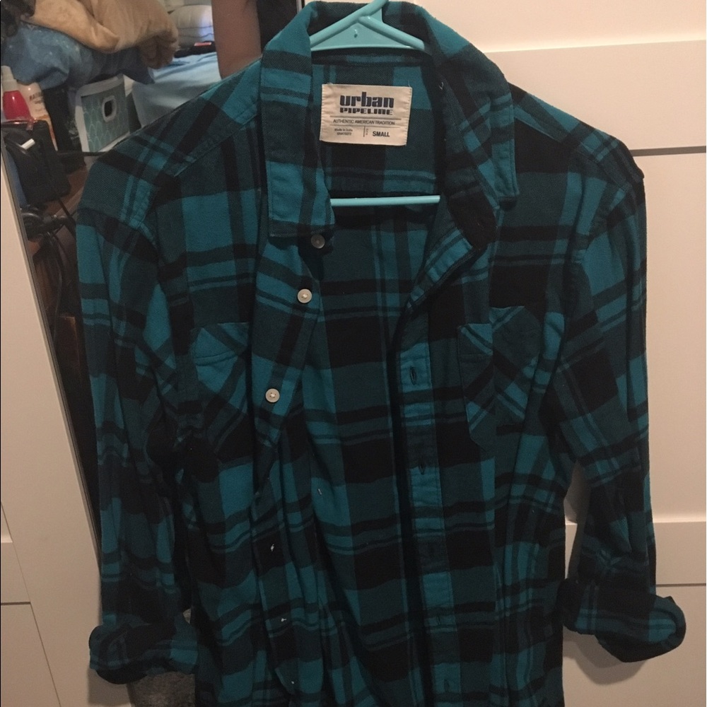 Turquoise and black plaid flannel