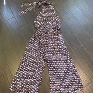 Pre Owned olivaceous halter wide leg jumpsuit