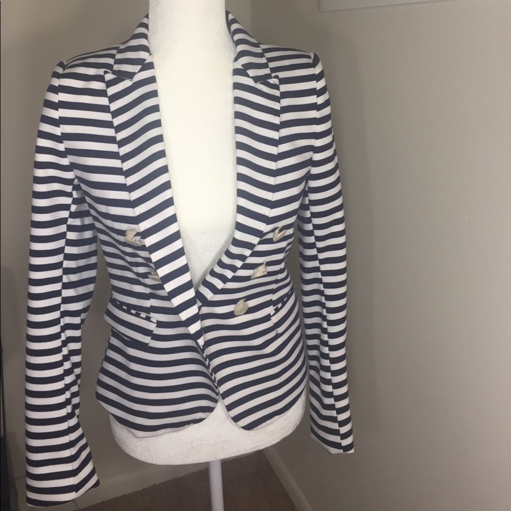 H&M White and navy striped blazer size 6