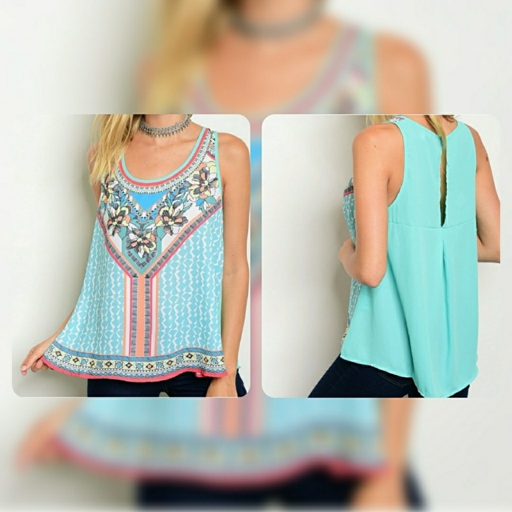 Mint Blue Boho Design Tank Top with Open Back