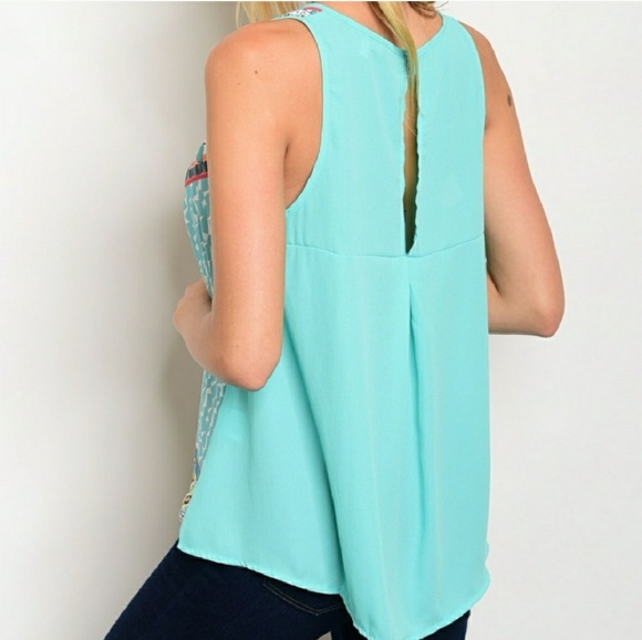 Mint Blue Boho Design Tank Top with Open Back - Picture 2 of 4
