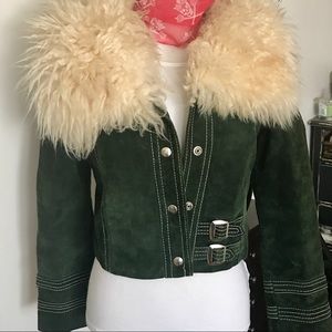 Vintage Green Suede Jacket with Faux Fur Trim!!