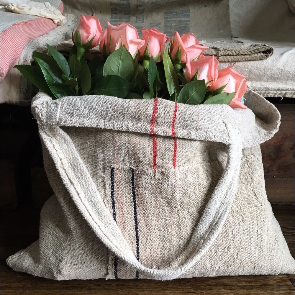 Antique French linen Grain sack bag large tote