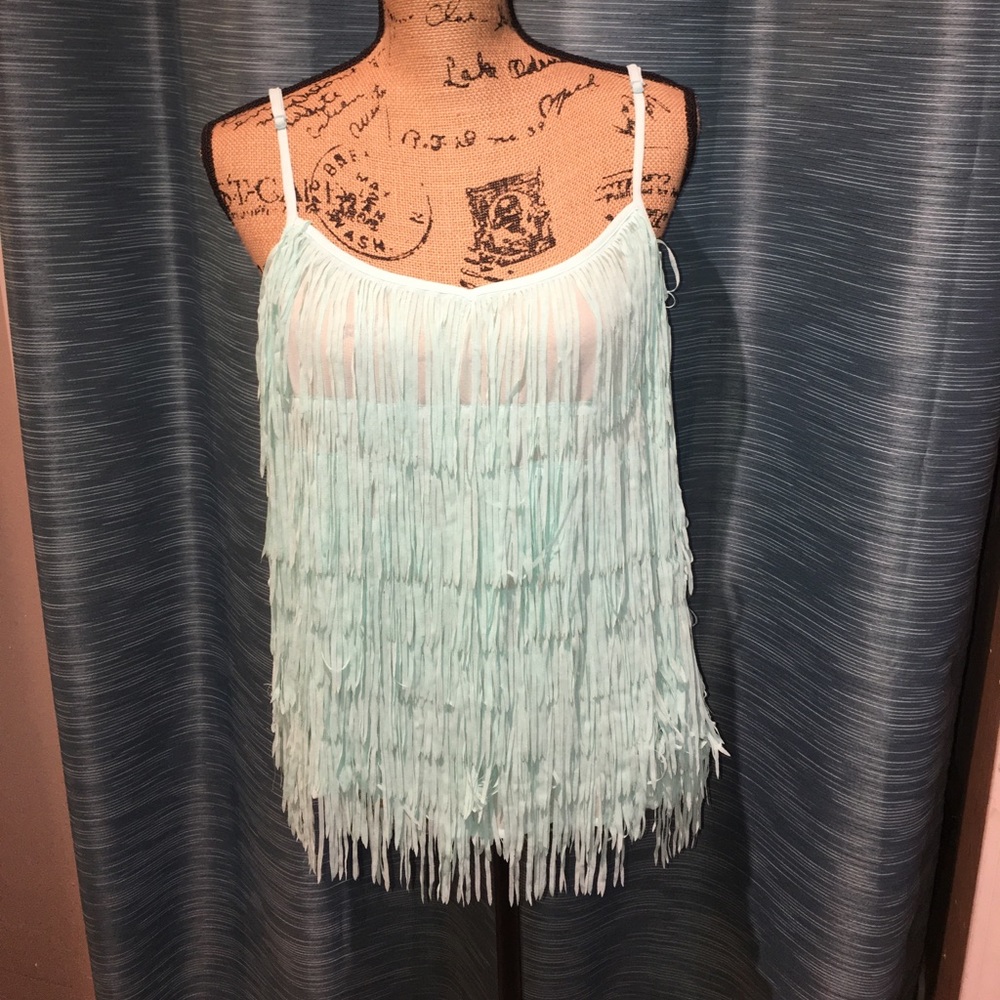 Sheer mint tank tassel top